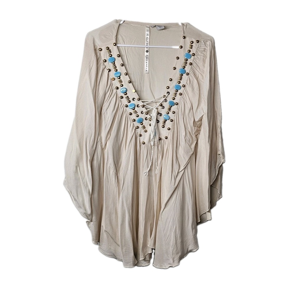Rancho Estancia Boho Tunic Top Medium Ivory Beaded Festival Blouse Gypsy Batwing